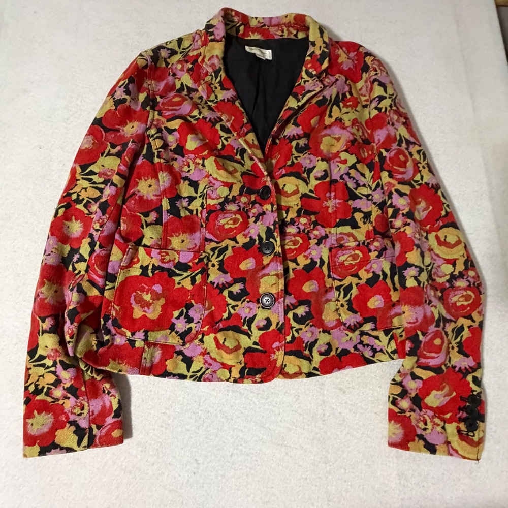 Isaac Mizrahi for Target Red Floral Cotton Blazer Jacket Women Large 3-Button